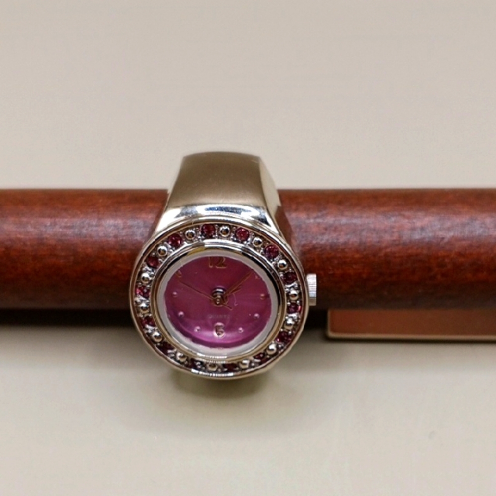 Quartz Silver and Pink Rhinestone Ring Watch
